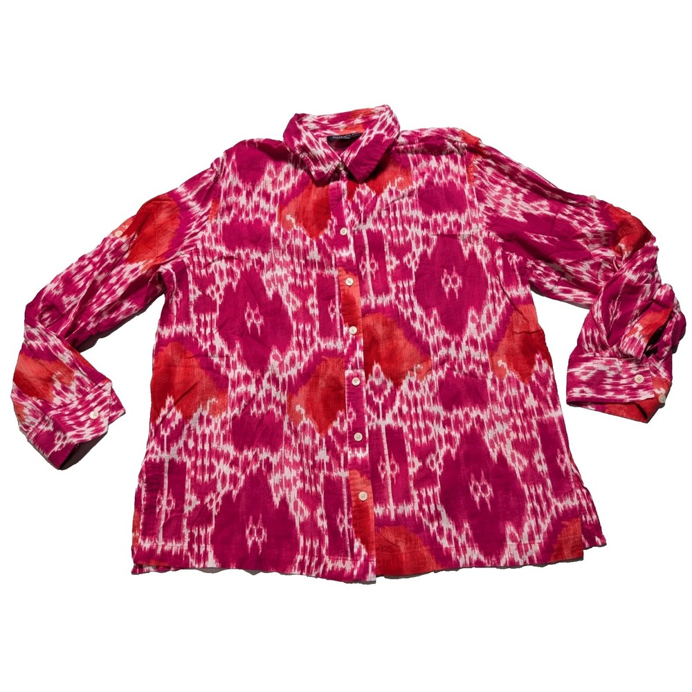 Jones New York Women XL Pink Red Orange Abstract Dye Roll Tab Sleeve‎ Shirt